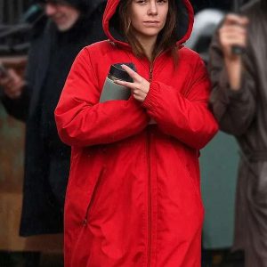 new york city milly alcock red hooded coat